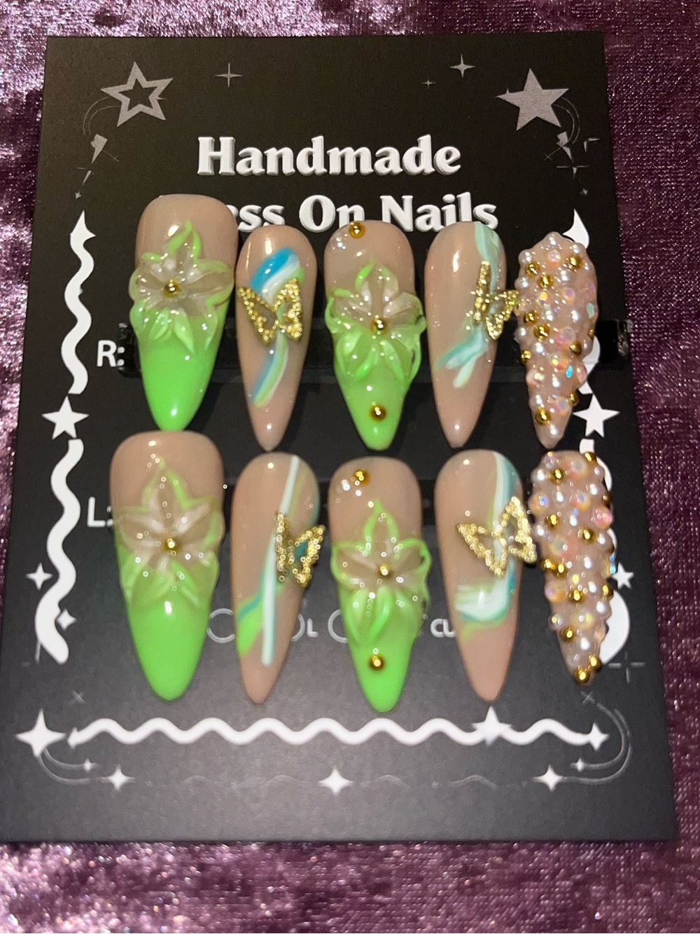 Handmade Press-On Nails in Green and Nude with Gold Butterfly Accents